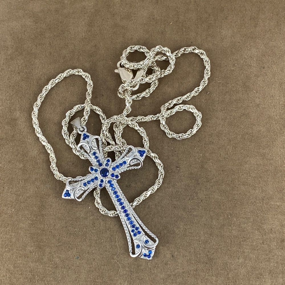 Sold Blue Sapphires 925 Silver Cross - Picture 3 of 10